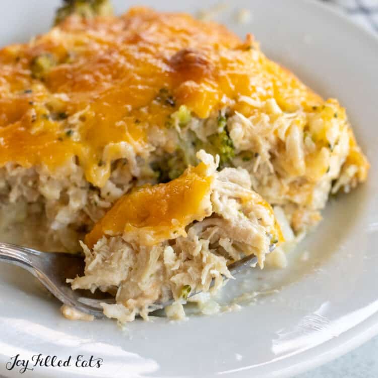 close up of keto chicken and rice casserole recipe with bite on fork