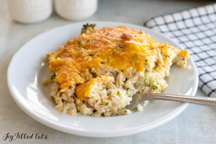 bite of keto chicken and rice casserole recipe on a fork