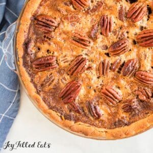 keto pecan pie recipe in pie plate from overhead