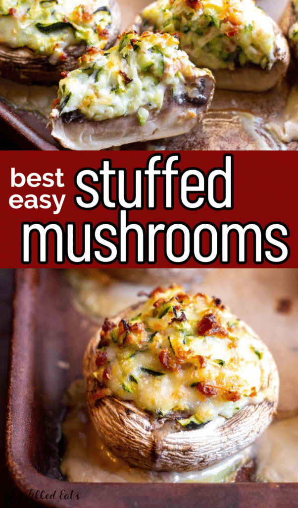 pinterest image for bacon and cheese stuffed mushrooms