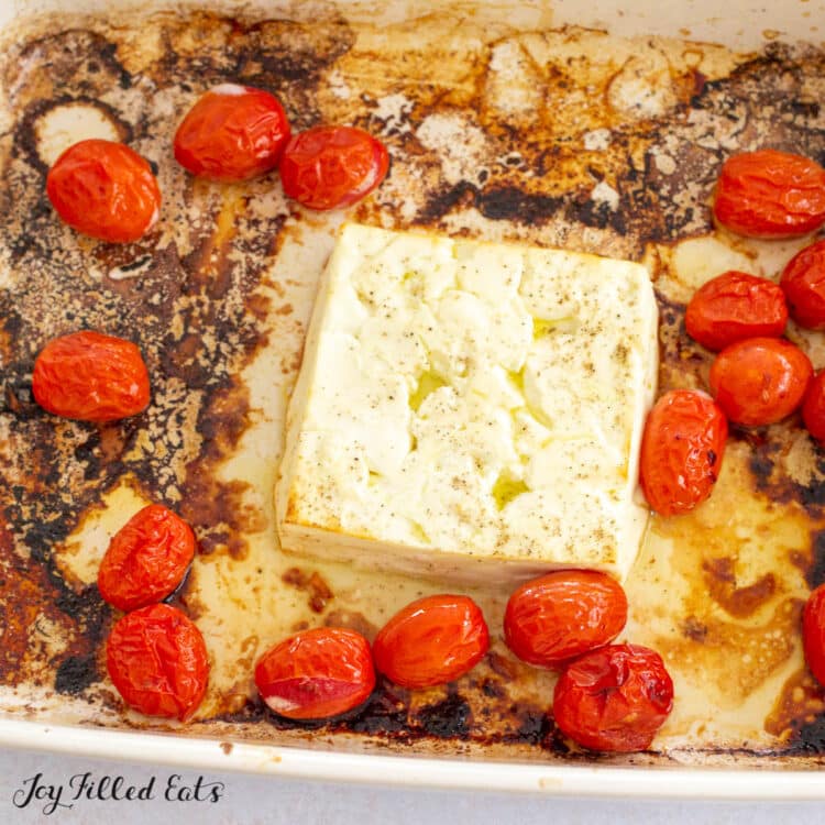 roasted feta and tomatoes in dish