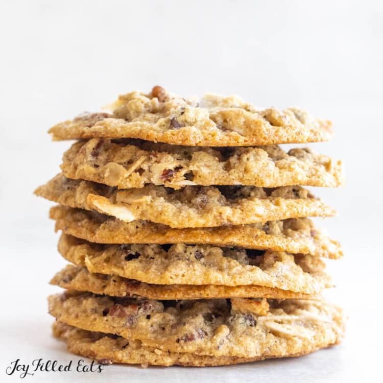 keto cowboy cookies in a stack