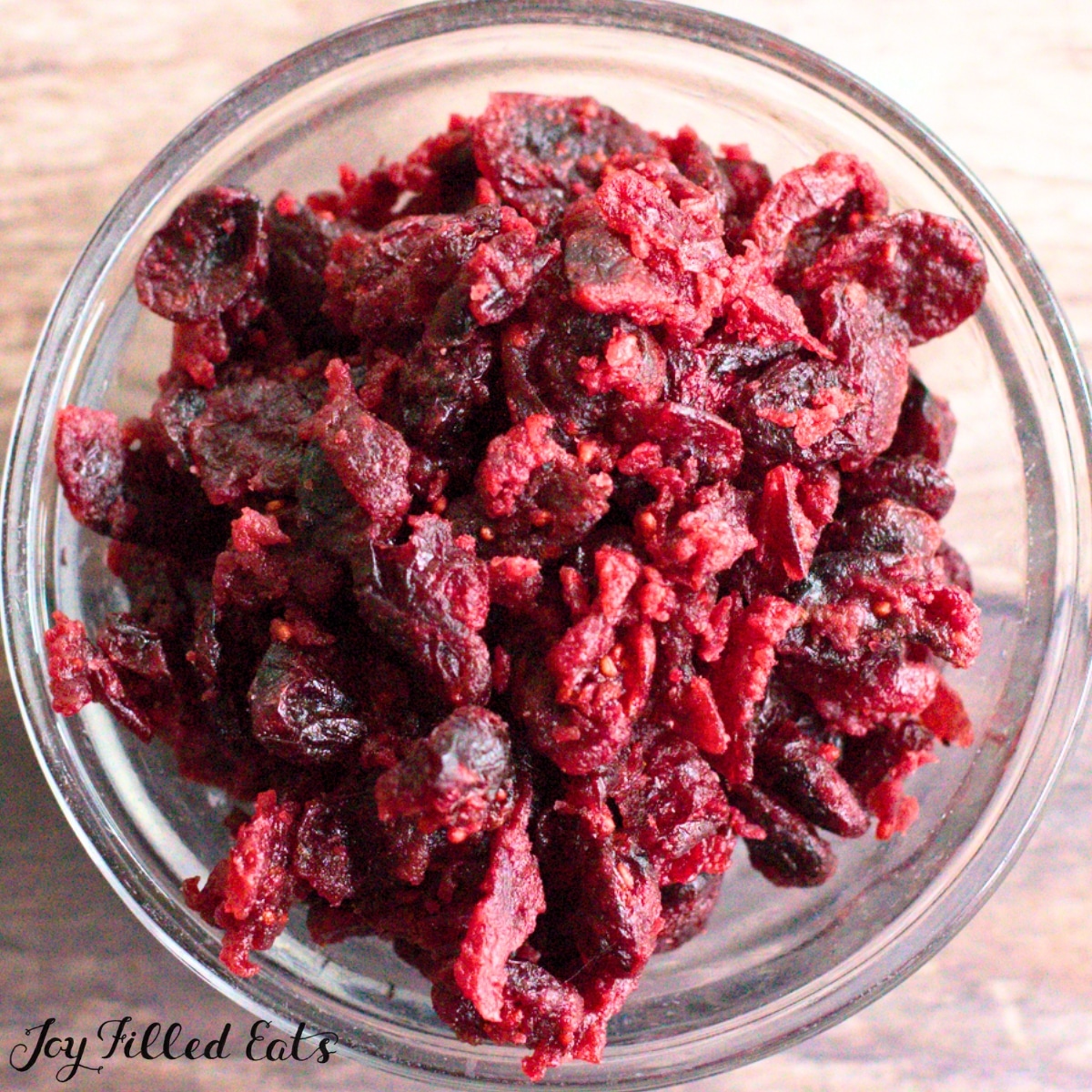 sugar free dried cranberries in small bowl from overhead