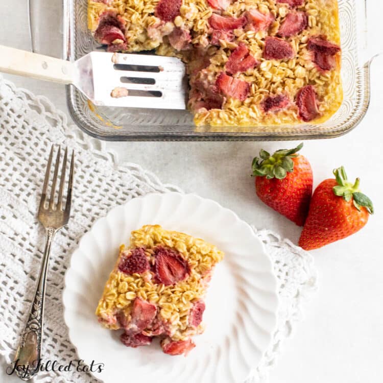 baking dish with oatmeal with strawberries