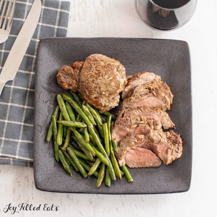plated broiled ribeye steak recipe with green beans