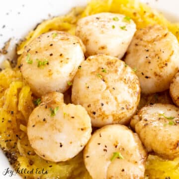 broiled scallops recipe close up served on a bed of spaghetti squash
