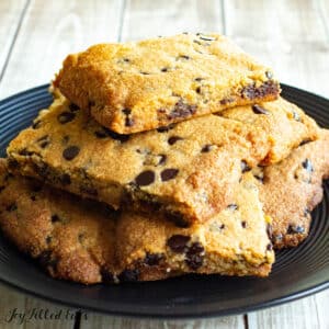 keto chocolate chip cookie bars shown close up on a serving plate