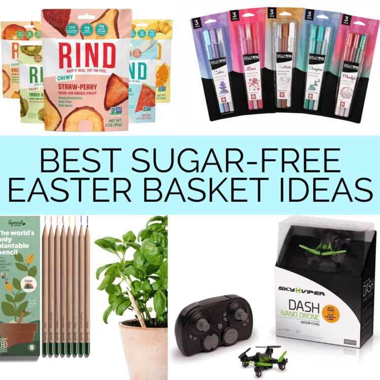 collage of sugar free easter basket ideas
