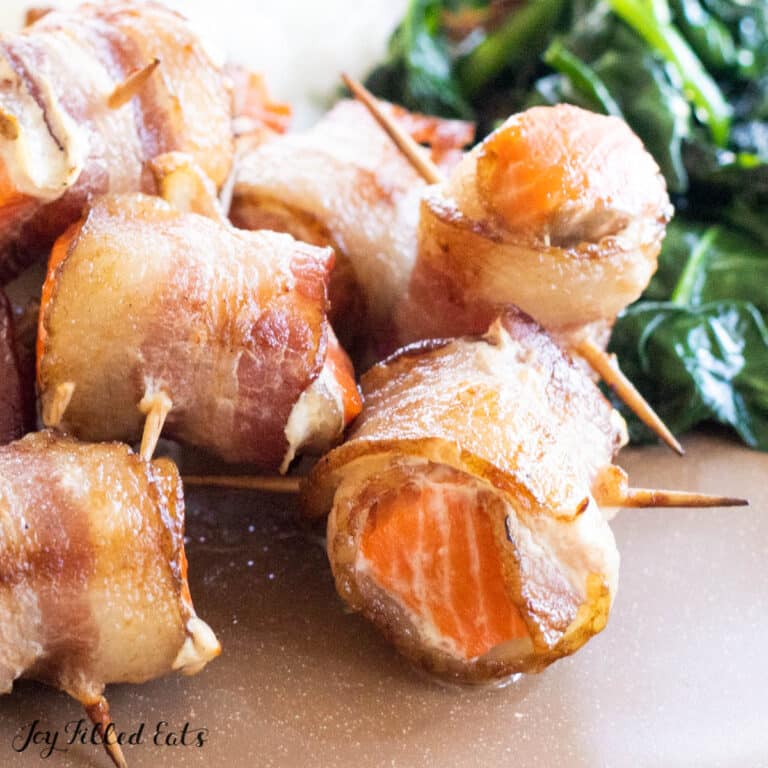 bacon wrapped salmon bites shown close up