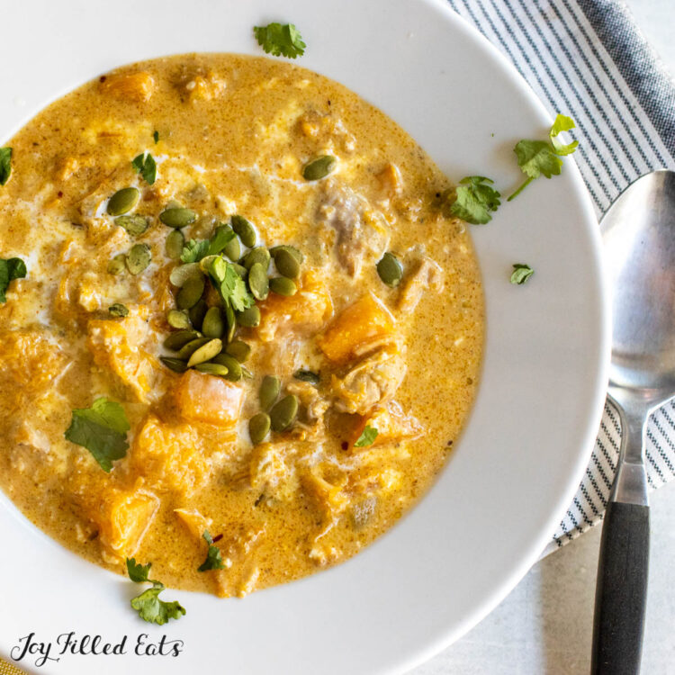 autumn chili recipe with chicken and butternut squash in a soup bowl from overhead
