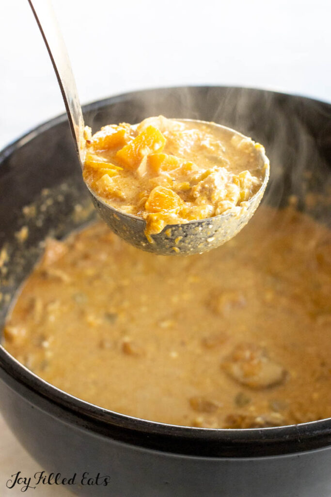 ladle lifting up some white autumn chili