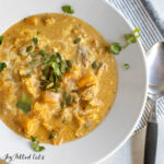 autumn chili recipe with chicken and butternut squash in a soup bowl from overhead