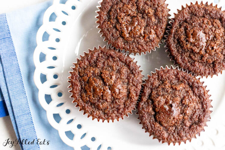 chocolate protein muffins on a decorative white plate