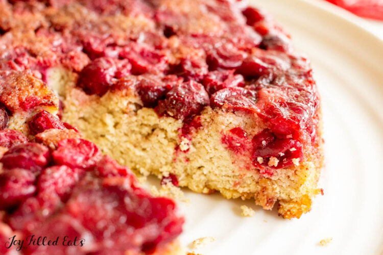 keto cranberry cake recipe from side showing missing piece