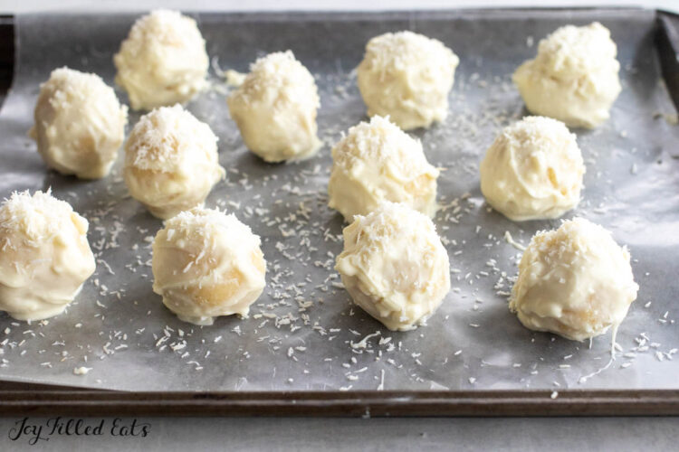 tray with white chocolate coated candies
