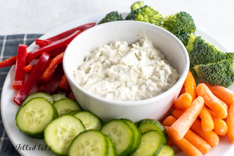 veggie platter with blue cheese dip in the middle