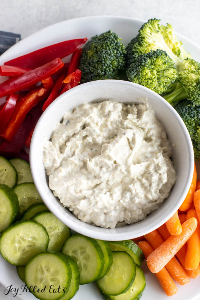 blue cheese dip recipe in white serving bowl