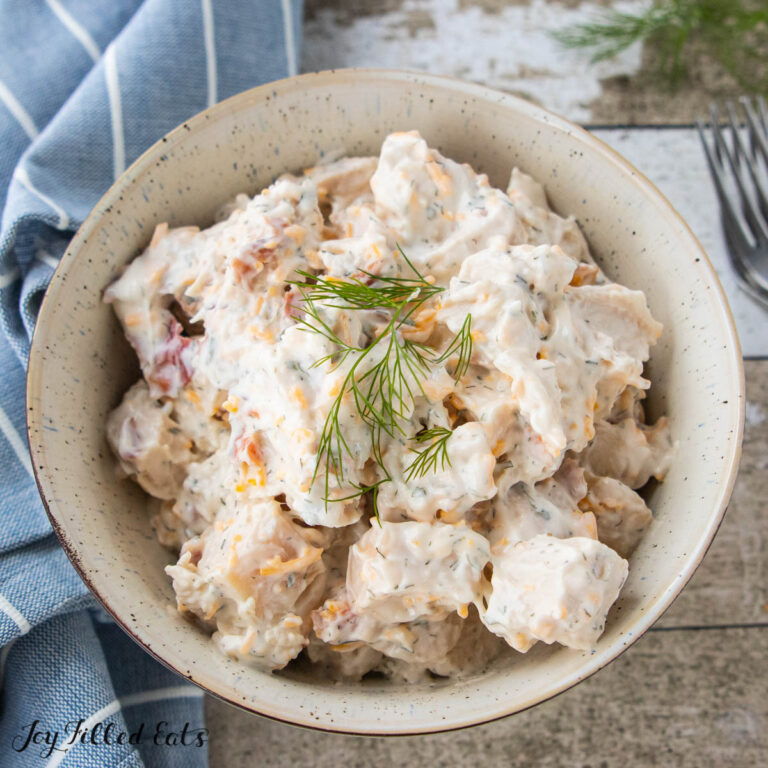 keto chicken salad recipe with bacon and ranch seasonings in bowl