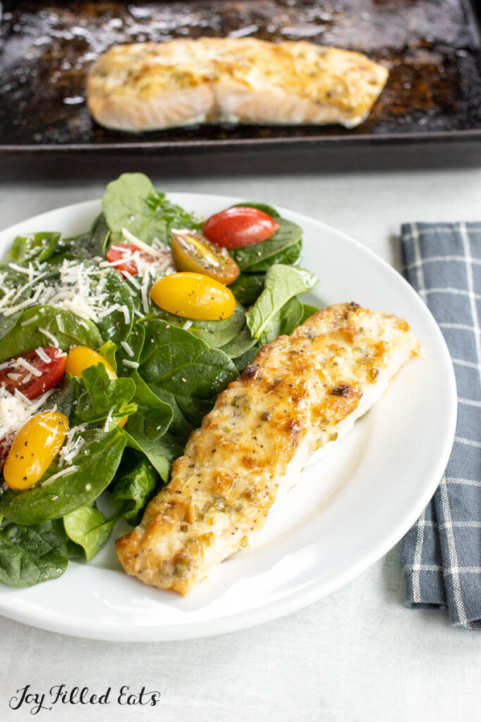 dinner plate with baked salmon with mayo filet