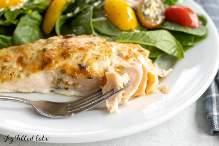 bite of mayo coated salmon on a fork