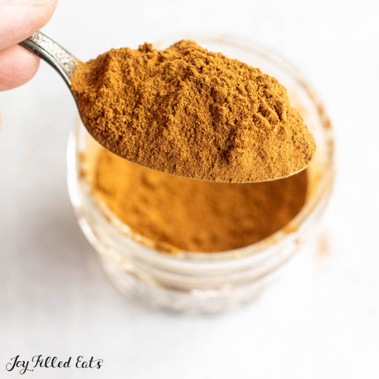 baking spice mix being held up on a spoon by hand close up