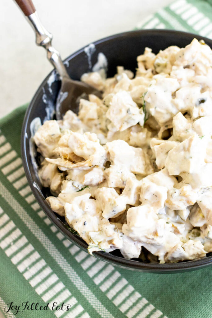 spoon in a bowl of dill pickle chicken salad