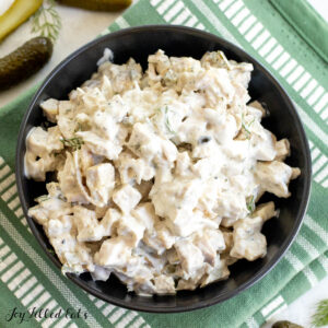 dill pickle chicken salad in a bowl from overhead