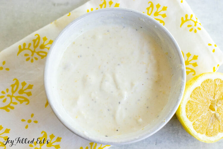 lemon greek yogurt dressing in mixing bowl