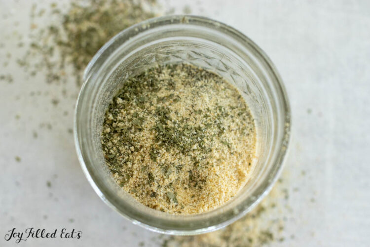overhead shot of ranch dip mix recipe in glass jar