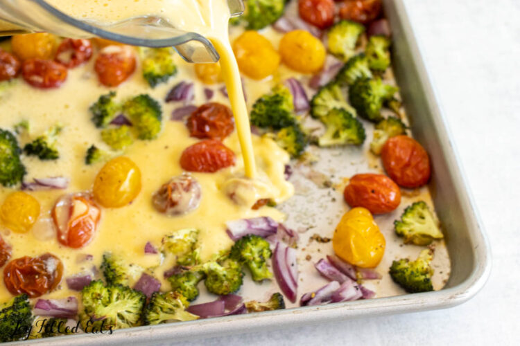 egg mixture being poured into baking tray