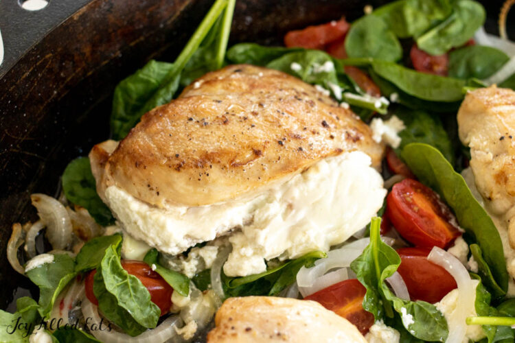 goat cheese stuffed chicken breast close up in a large skillet with baby spinach, onions, and grape tomatoes