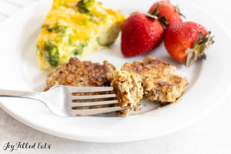 bite of turkey breakfast sausage on a fork