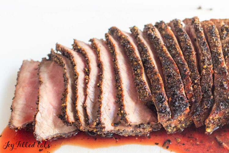 coffee rub on london broil steak sliced on cutting board