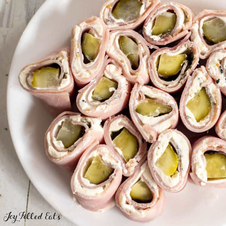 pickle roll ups on plate close up