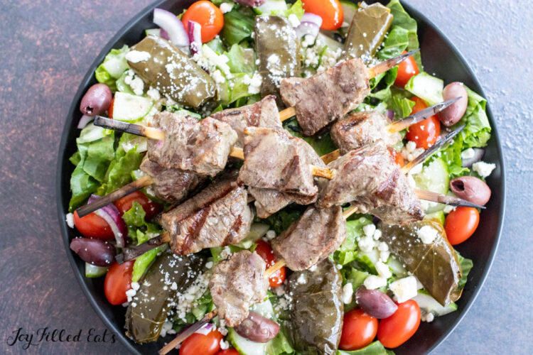 Mediterranean steak salad recipe shown from overhead