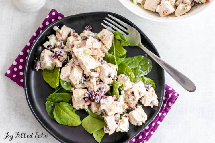 cranberry chicken salad on bed of spinach