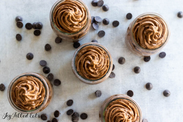 keto chocolate mousse in small jars from overhead