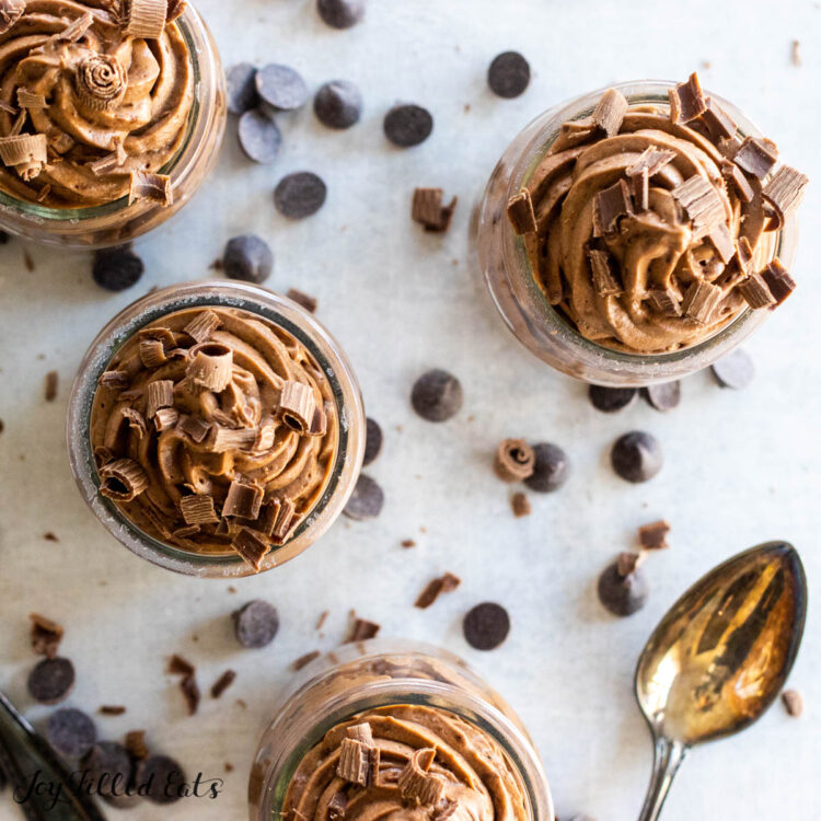keto chocolate mousse in small jars from overhead