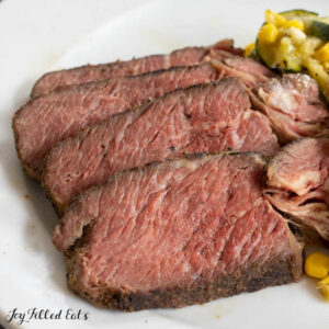 sous vide beef chuck roast slices close up on dinner plate