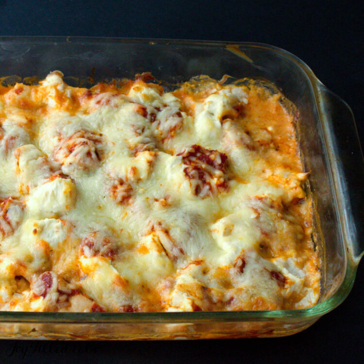 keto pizza casserole with chicken close up in baking dish